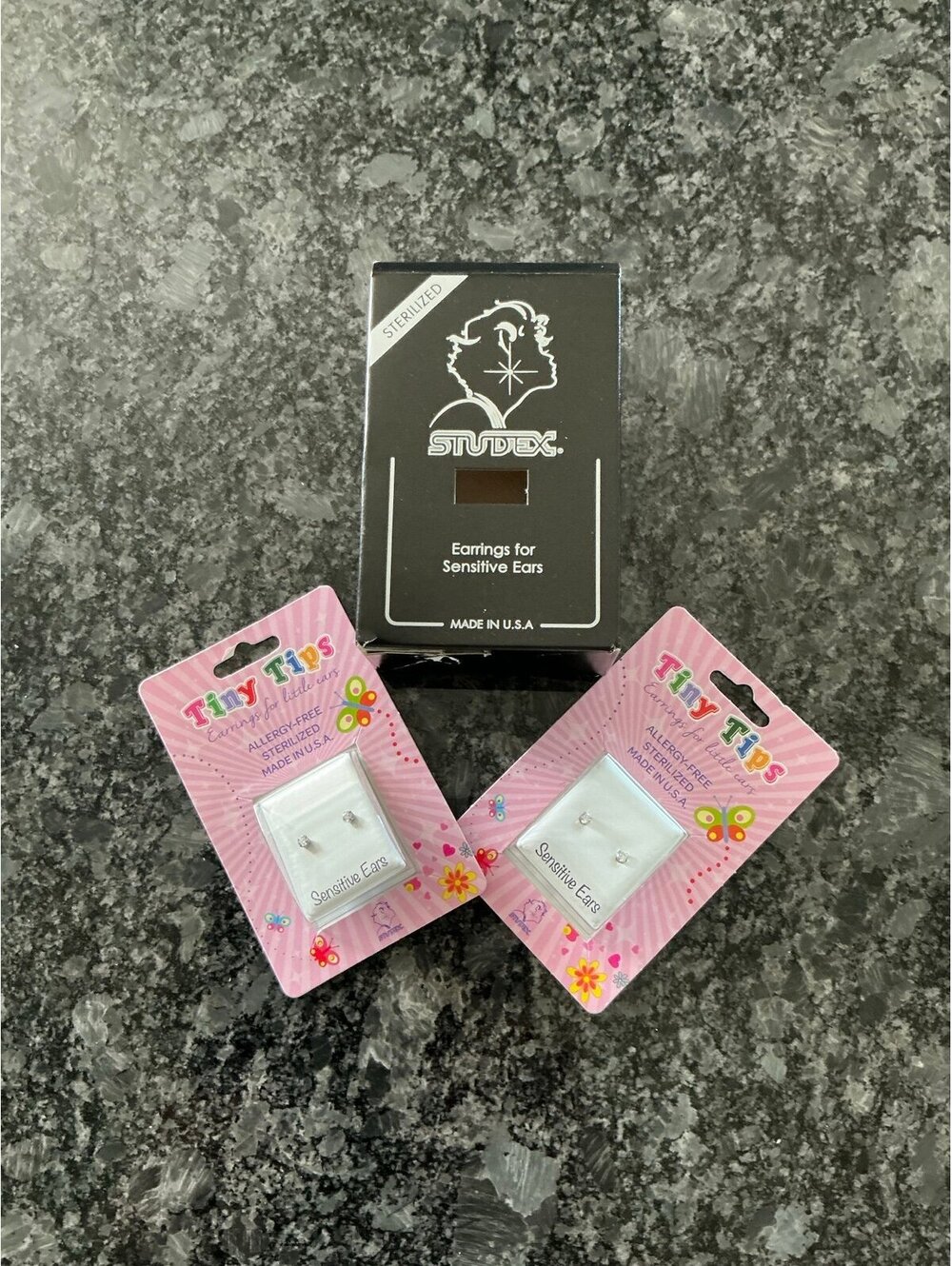 2 pair Studex Tiny Tips Sensitive Ears Crystal Earrings